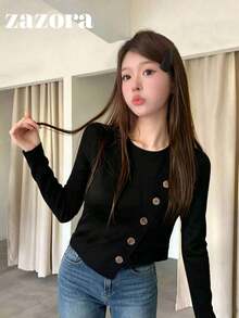 Korean Style Square Shoulder Long Sleeve Top Women's Design Asymmetrical Diagonal Button Base Layer - Black - View 1
