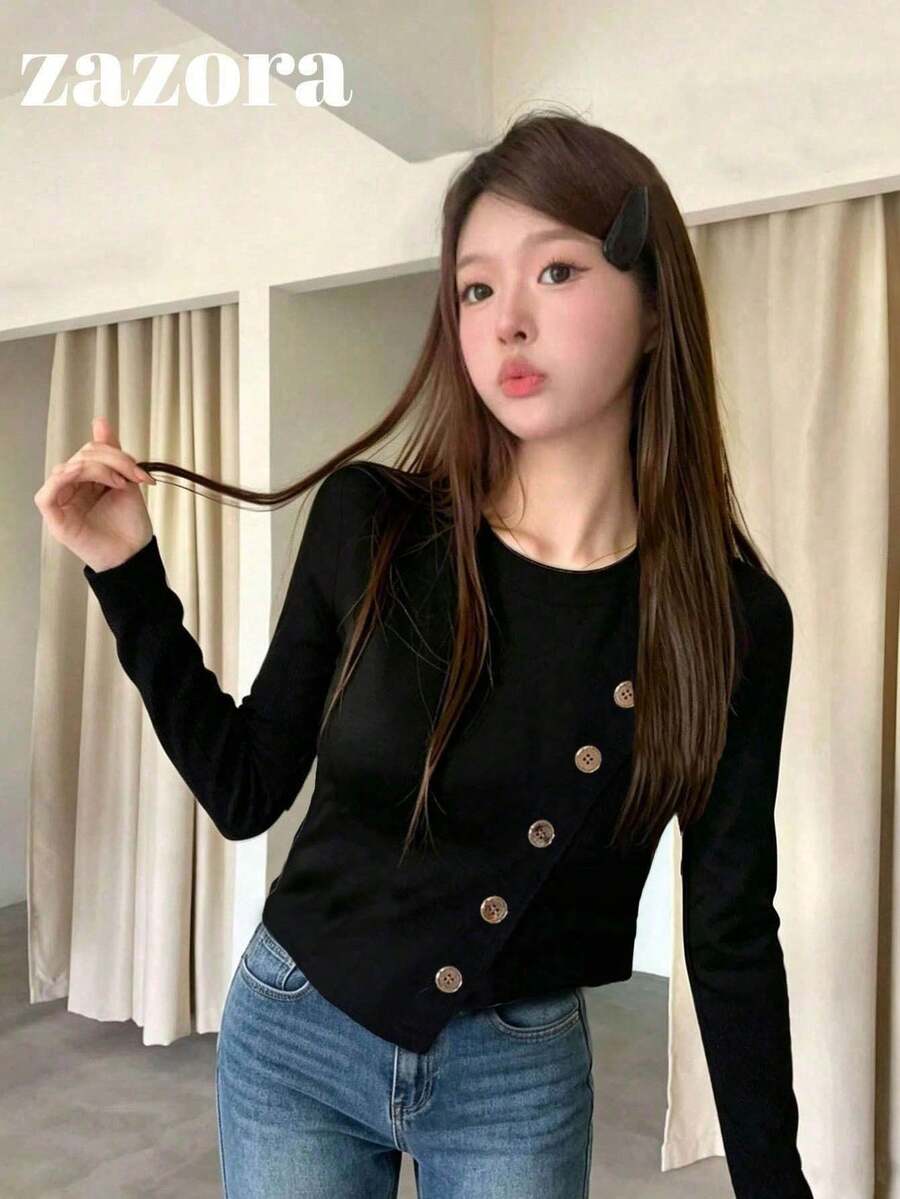 Korean Style Square Shoulder Long Sleeve Top Women's Design Asymmetrical Diagonal Button Base Layer - Black - View 1
