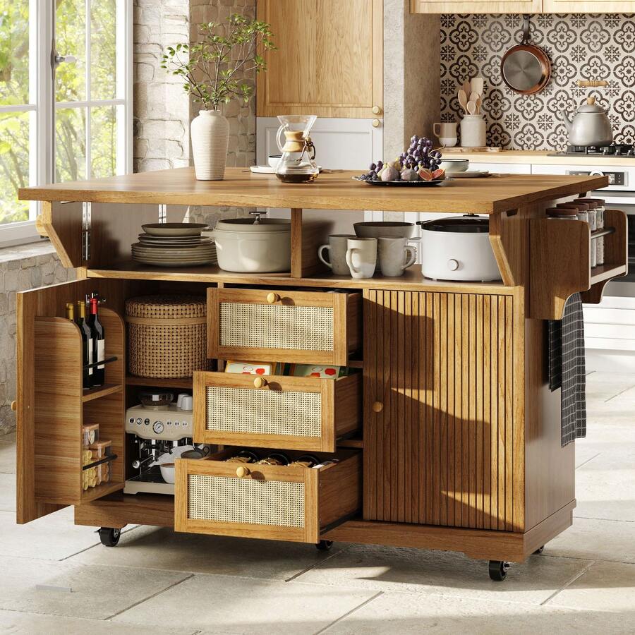 Flieks Foldable Serving Trolley, 95 Cm Kitchen Trolley With Ergonomic Height, PE Rattan Drawers, Mobile Rolling Trolley For Kitchen, Balcony & Camping - Natural - View 1