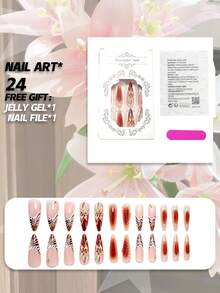 24pcs  Handmade Long Pointed Nail Stickers, With A Nude Base Featuring Leopard Print, 3D Flowers, And Brown Gradient, Decorated With Rhinestones And Small Gold Accessories, Reusable, Perfect For Autumn Parties And Everyday Wear - Rust Brown - View 6