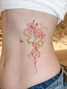 1pc Temporary Tattoo Sticker, Pink Cherry Blossom Yellow Snake Butterfly Pattern, Realistic Fake Tattoo Design, Suitable For Daily, Bachelorette Party Favors, Music Festivals, Cosplay, Graduation Gifts, Lasts 3-5 Days - Multicolor - View 5
