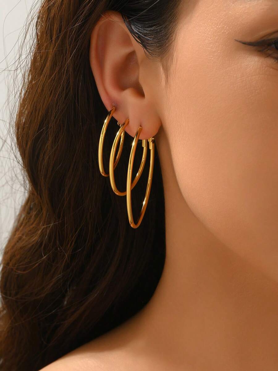 1 Set Anting Hoop Polos Stainless Steel Bergaya Vintage Eropa & Amerika untuk Wanita, Cocok untuk Pemakaian Sehari-hari - Warna-warni F - View 1