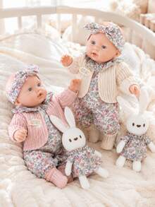 2 Styles Floral Rabbit Theme 12in Reborn Doll, Floral Romper, Knitted Cardigan, Bow Headband, Knitted Socks + Matching Rabbit Plush Doll, Beige + Light Pink Dual Color Set, Soft Fabric, Girls Dress-Up Accessories, Gift For Children - Multicolor - View 1
