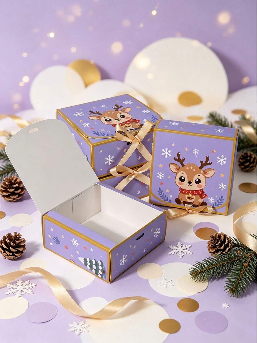 Christmas Cartoon Reindeer Gift Box, Purple Snowflake Flip-Top Candy & Cookie Box With Gold Ribbon Bow, Suitable For Christmas Party Favor Packaging - Christmas Reindeer - View 1