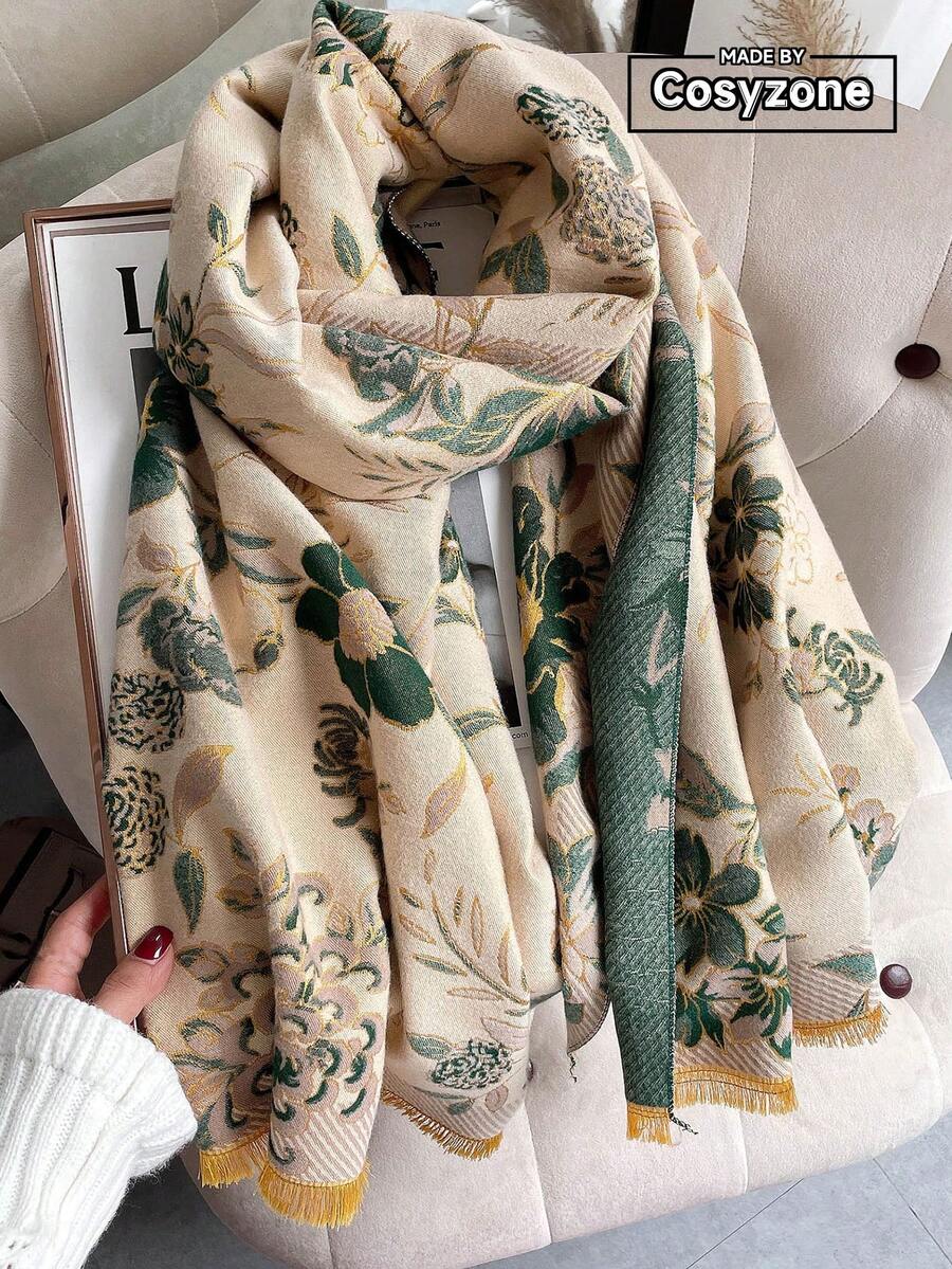 1件女款仿羊絨花卉提花披肩,厚實保暖圍巾,時尚百搭秋冬外套,適合日常使用 - 綠色 - 查看 1