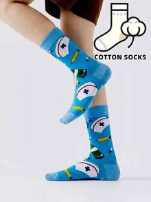 1 par de calcetines de mujer con estampado de traje de enfermera lindo, punta redonda, de algodón suave, color azul claro, hasta la pantorrilla, calcetines casuales novedosos - Multicolor - Ver 2