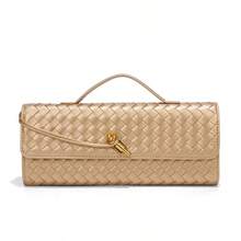 Tas Clutch Wanita Anyaman Emas, Tas Selempang Kecil dengan Pegangan Atas dan Kunci Putar, Cocok untuk Pesta Malam - Beraneka warna - View 5