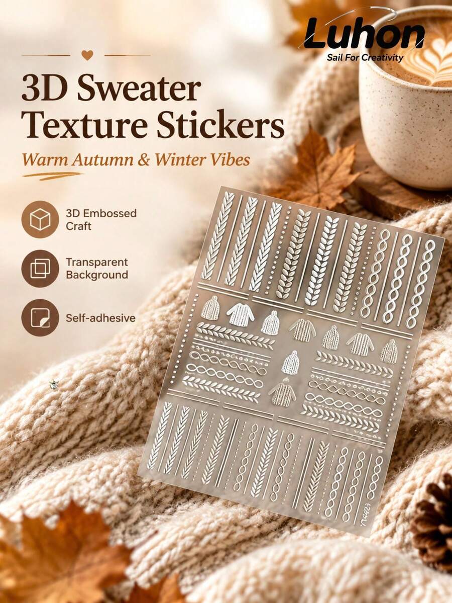 1Set Knitted Texture Themed Stickers, Stickers For Laptop, Journaling Supplies, Sticker Book, White Knit Pattern And Sweater Print, Warm Minimalist Aesthetic Style, Clear Base, Decorative Decals For Cup, Camera, Phone Case - Autumn/Winter Sweater Stickers - View 1