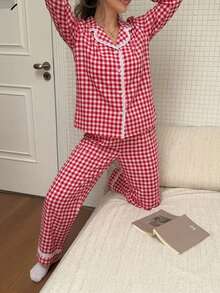DAZY 2pcs Women's Plaid Print Lace Patchwork Long Sleeve Pajama Top + Elastic Waist Long Pants Loungewear Set - Red - View 8