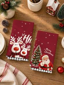 2pcs Christmas Red Cartoon Reindeer, Santa Claus, Christmas Tree Pattern Kitchen Towels, Soft Polyester Dish Cloths, Suitable For Kitchen Decor, Kitchen Cleaning, Holiday Party Decoration, Kitchen Bathroom Supplies, Home Essentials, Home Decor, Housewarming Gift - Multicolor - View 7