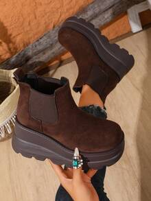 Women's Elastic Slip-On Wedge Heel Thick Sole Chelsea Ankle Boots, Velvet-Like Fabric - Coffee Brown - View 5