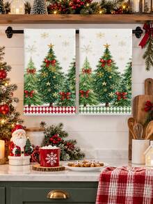 2pcs Christmas Decorative Hand Towels, Watercolor Christmas Tree Pine Tree Red Bow Gold Star Snowflake Print, Red And Green Plaid Hem, Kitchen Bathroom Towels, Farmhouse Winter Holiday Home Decor - Multicolor - View 7