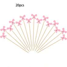 20/50/100pcs Exquisite Cute Pink Bow Food Skewers (Natural Bamboo, Smooth Surface) Lovely Design Decorative Set For Fruit Platters, Cooked Foods And Party Decorations. Christmas Essential. - Q - View 16
