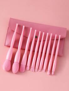 11 Pcs Total Makeup Brush Kit, 10 Pcs Pink Makeup Brushes, 1 Pc Pink Storage Bag. Fluffy Soft Bristles Pick Powder Evenly, Help Users Create Gentle And Natural Daily Makeup Look Easily - Pink - View 1