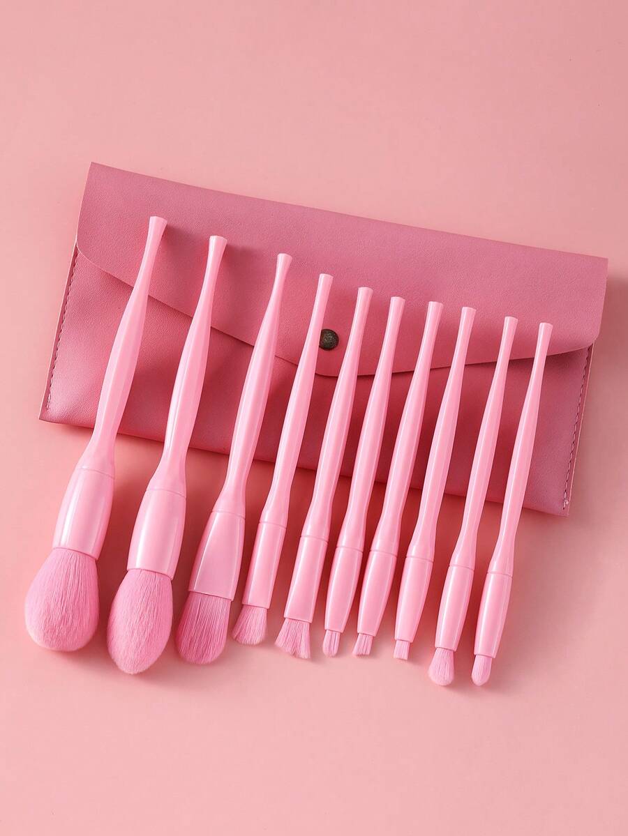 11 Pcs Total Makeup Brush Kit, 10 Pcs Pink Makeup Brushes, 1 Pc Pink Storage Bag. Fluffy Soft Bristles Pick Powder Evenly, Help Users Create Gentle And Natural Daily Makeup Look Easily - Pink - View 1