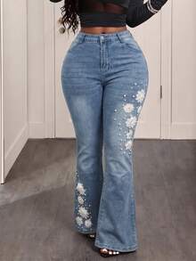 Plus Size Fashion Denim Flare Pants With Pearl And Floral Applique, Mid-Stretch, Long Zipper Fly - Blue - View 5