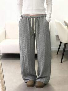 Casual Cable Knit Wide Leg Pants Women Drawstring Low Waist Lounge Trousers Preppy Y2K Fall Winter - Light Grey - View 6