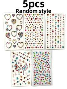 Approx. 700pcs Rainbow 3D Glitter Gem Stickers, 5 Sheets Shiny Heart & Star Shaped Self-Adhesive Rhinestone Diamond Design Stickers, Suitable For Makeup And Clothing, Multi-Color Diamond Face Gems, Perfect For Valentine's Day, Holidays, Parties And Events - Multicolor - View 10