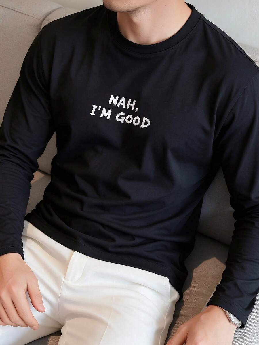 Men's Printed Casual Versatile Solid Color Slim Fit Crew Neck Long Sleeve T-Shirt - Black - View 1