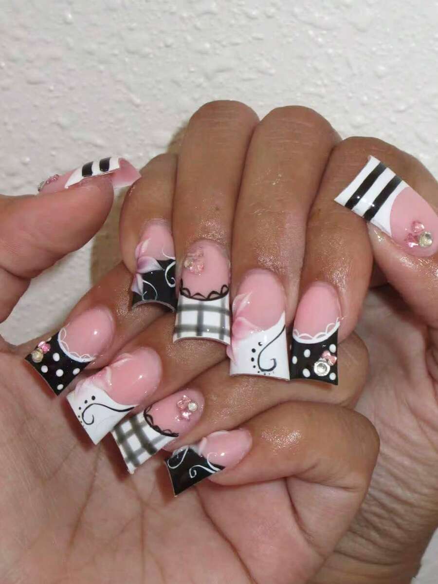 24pcs Square Press-On Nails, Autumn/Winter Black & White Plaid Polka Dot Fake Nails, Mixed Pink 3D Butterfly Rhinestone Nail Art Sticker Set, Includes Jelly Glue And Nail File, Reusable Adhesive Party Nail Decor - Multicolor - View 1