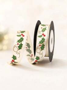 1pc Vintage Holly Print Fabric Ribbon, Suitable For Gift Wrapping, Holiday Party Celebration Bow Decoration, Also Can Be Used For Sewing DIY Handmade Crafts - Multicolor - View 12
