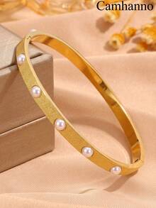 Camhanno 3/1pc Stainless Steel Plated 18K Gold Bracelet Set With Sand Faced Pearl For Women's Style, Handmade Set - Gold - View 11