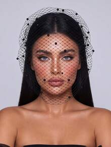Vintage Mesh Pearl Beaded Headband Veil, Evening Party Face Cover Headpiece - Multicolor - View 5