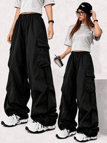 1pc Tween Girls Casual Loose Comfortable Utility Cargo Pants, Suitable For School, Outdoor, Sports, Spring/Autumn - Black - View 1