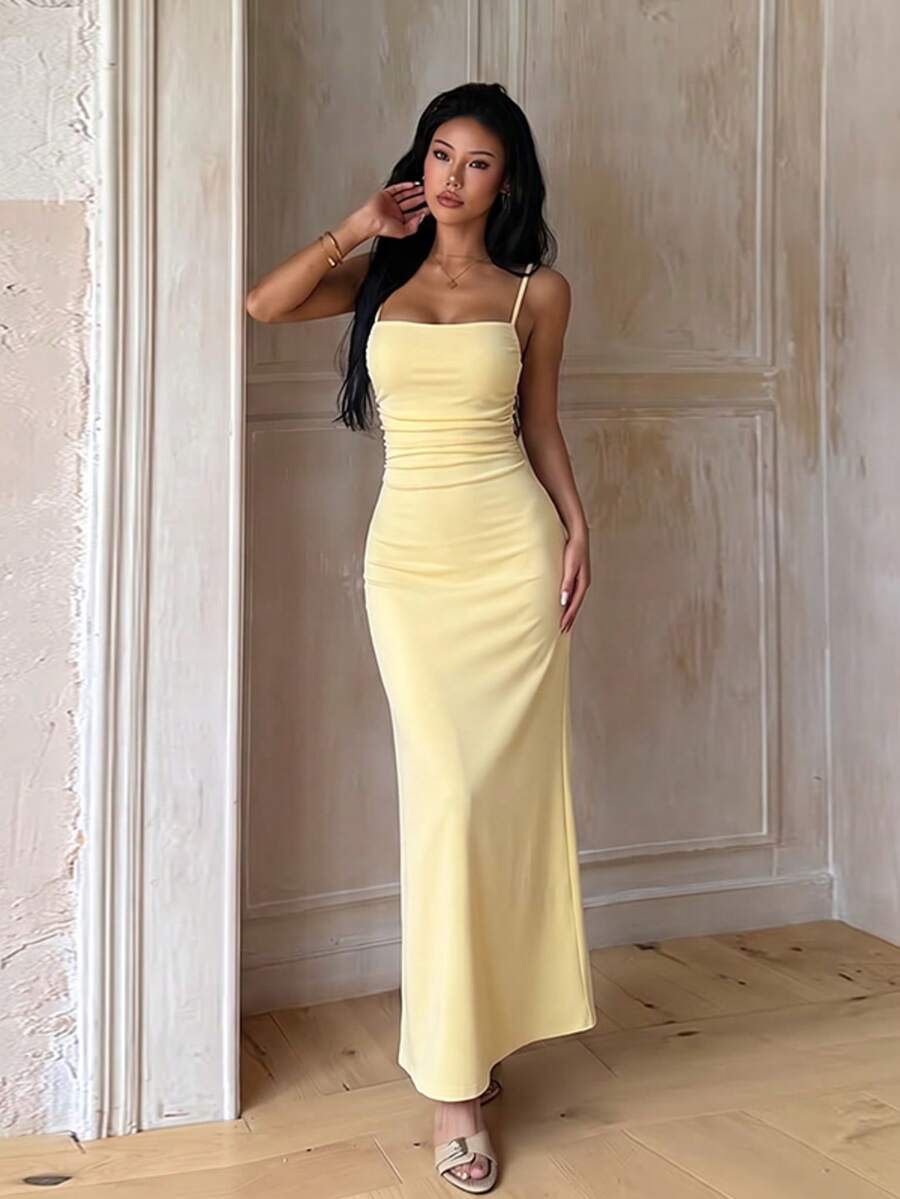 1pc Solid Color Elegant Knit Fabric Cross Strap Backless Pocket Dress For Party, Wedding, All Seasons - Yellow - View 1