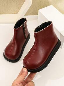 Girls' Burgundy Bow Decor Ankle Boots With Side Zipper, Thick Sole, Round Toe, Versatile Autumn/Winter Children's Shoes - Red - View 5