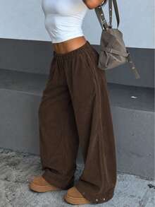 Women's Vintage Brown Corduroy Wide Leg Pants With Pockets, Button Closure Design, Comfortable And Fashionable For Autumn - Coffee Brown - View 1