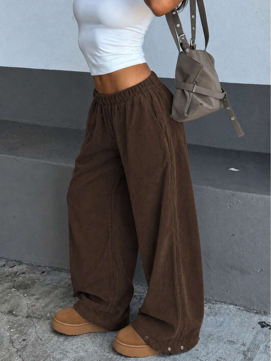 Women's Vintage Brown Corduroy Wide Leg Pants With Pockets, Button Closure Design, Comfortable And Fashionable For Autumn - Coffee Brown - View 1