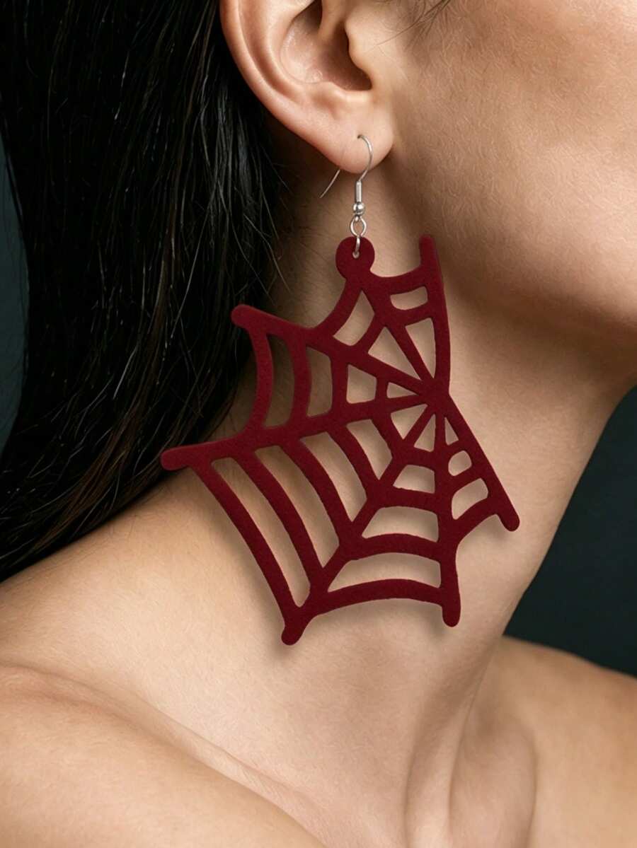 MARLIWOO 1 Pair Halloween Asymmetrical Spider Gothic Style Exaggerated Personalized Spider Web Hollow Double Layer Leather Earrings - Multicolor - View 1