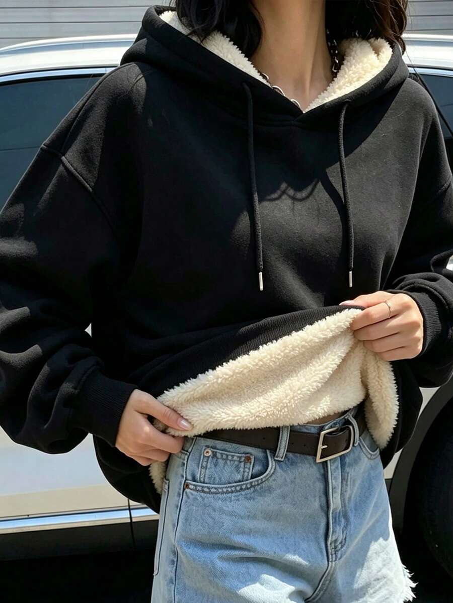 Women's Pure Black Drawstring Pocket Loose Hooded Sweatshirt, Fleece Lined, Casual Warm Jacket - Black - View 1