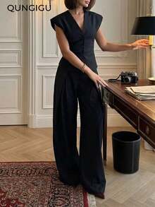 Women's Pinstripe Suit Vest V Neck Button Down Sleeveless Blazer Top Tailored Waistcoat For Office Business Workwear Commute - Black and White - View 3