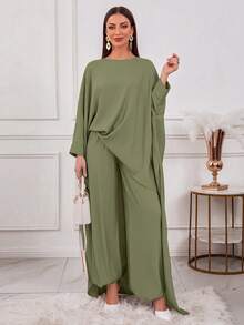 Women's Solid Color Long Sleeve High Neck Hem Top And Pants Arabic Outfit Set - Green - View 3
