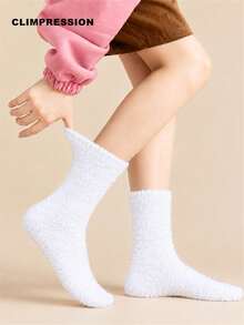 CLIMPRESSION Women's Solid Color Plush Mid-Calf Socks, Soft Coral Fleece Fluffy Warm Comfortable Home Sleep Slippers Socks, Suitable For Winter - White - View 1