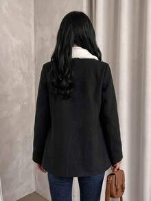 Women's Autumn/Winter Black Wool Mid-Length Coat, Lambswool Collar, Double-Breasted, A-Line Loose Fit - Black - View 4