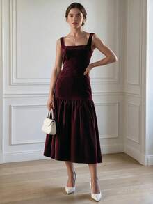 Women Elegant Sleeveless Dress Square Neck Velvet Ruffle Hem Clothes For Wedding Going Out Dating Fall Winter - Burgundy - View 5