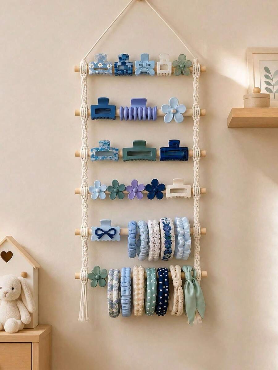 Wooden Rope Hanging Hair Clip Storage Rack, Baby Room Wall Hair Accessory Organizer, Bow Hair Clip And Headband Display Stand - Storage Rack - View 1