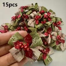 15pcs Mini Handmade Fabric Christmas Bows (Red & Green), Suitable For Christmas Tree Decoration, Gift Wrapping, Wedding, New Year Party DIY Crafts, Classic Small Accessories, Gold Edge Ribbon, Holiday Decoration - Multicolor - View 8