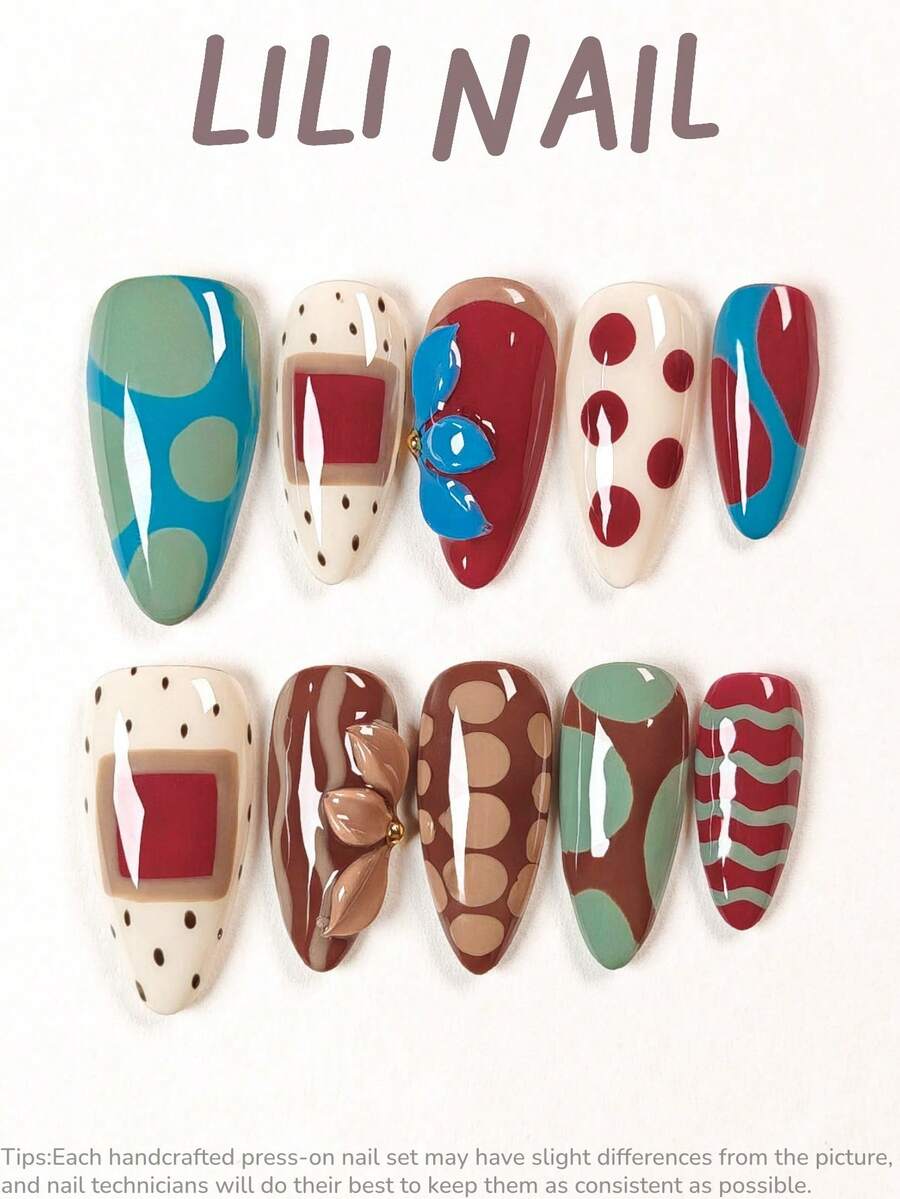 10pcs Handmade Press-On Nails, Almond Shape, Red, Blue, Polka Dot, Hand-Painted, Floral, 3D, Leopard Print, Autumn Style, Reusable Nail Art Set With Nail Tools - Follow Your Heart - View 1
