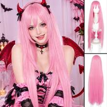 Long Straight Pink Cosplay Wig With Face Framing Bangs, Synthetic Hair Long Wig For Halloween Costume, Anime Theme Party, Masquerade, Role Play Dress Up Accessory - Multicolor - View 1