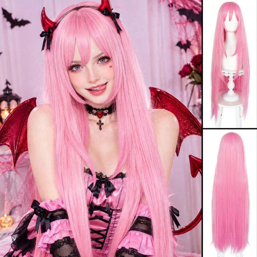 Long Straight Pink Cosplay Wig With Face Framing Bangs, Synthetic Hair Long Wig For Halloween Costume, Anime Theme Party, Masquerade, Role Play Dress Up Accessory - Multicolor - View 1