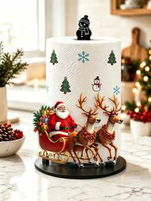 2D Flat Santa Claus Red Sleigh & Colorful Lights Reindeer Print Paper Towel Holder, Acrylic Material Vertical Roll Paper Storage Rack, Kitchen Dining Table Decor Ornament, Easy Installation, Suitable For Christmas Party Home Room Decoration (Paper Towels Not Included) - Multicolor - View 5
