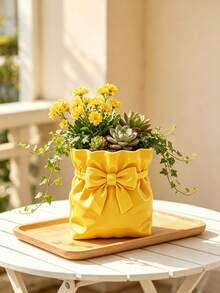 3D Printed Pleated Fabric Bag Shaped Planter With Bowknot, Minimalist Creative Desktop Potted Plant Container, Succulent And Small Green Plant Decorative Flower Pot - B - View 11