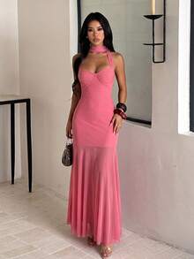 1pc Solid Color Elegant Knit Fabric Dress For Wedding Autumn - Pink - View 3