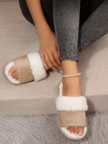 1 Pair Color Block Plush Open Toe Indoor Slippers For Women, Flat Sole Fuzzy Cotton Slippers, Autumn/Winter - Beige - View 2