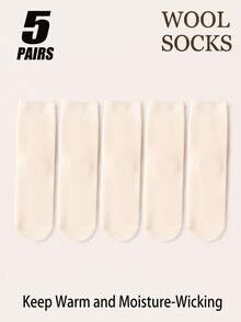 5 Pasang Kaos Kaki Wol Hangat Wanita, Kaos Kaki Panjang Setengah Betis Warna Polos, Kaos Kaki Termal Lembut yang Menyerap Keringat untuk Pemakaian Sehari-hari di Musim Gugur dan Musim Dingin - MultiWarna - View 12