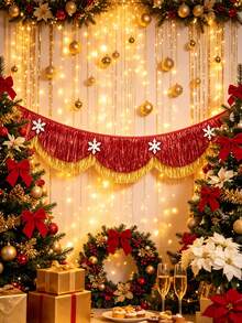 2Pcs Red Gold Scalloped Layered Fringe Banner,Christmas Decorations For Home,6.5 Ft Christmas Wavy Tinsel Fringe With Snowflake Decor For Fireplace Mantel, Window, Tree, Holiday & Birthday Party Home Decoration - View 4